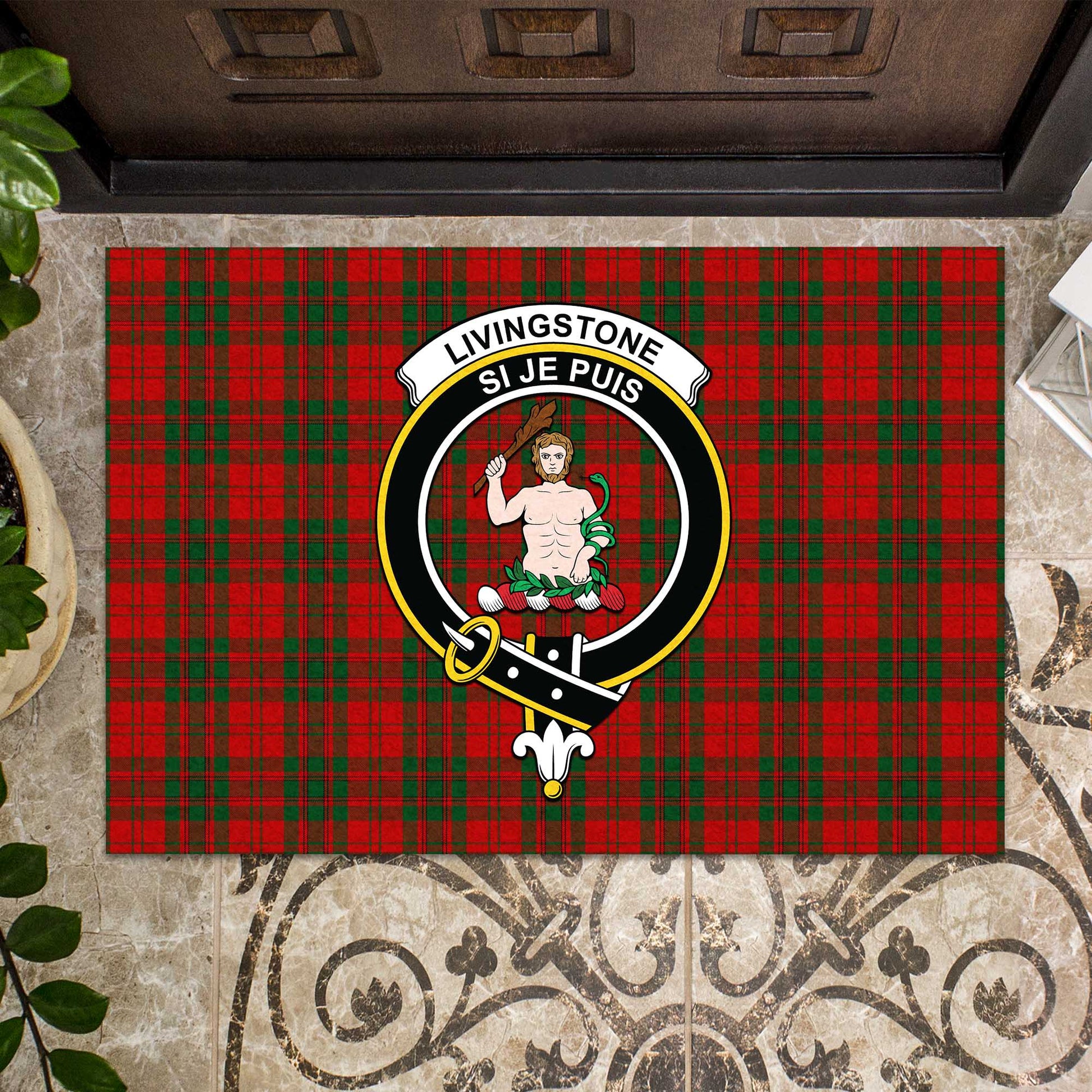 Livingstone Tartan Rubber Doormat with Family Crest - Tartan Vibes Clothing