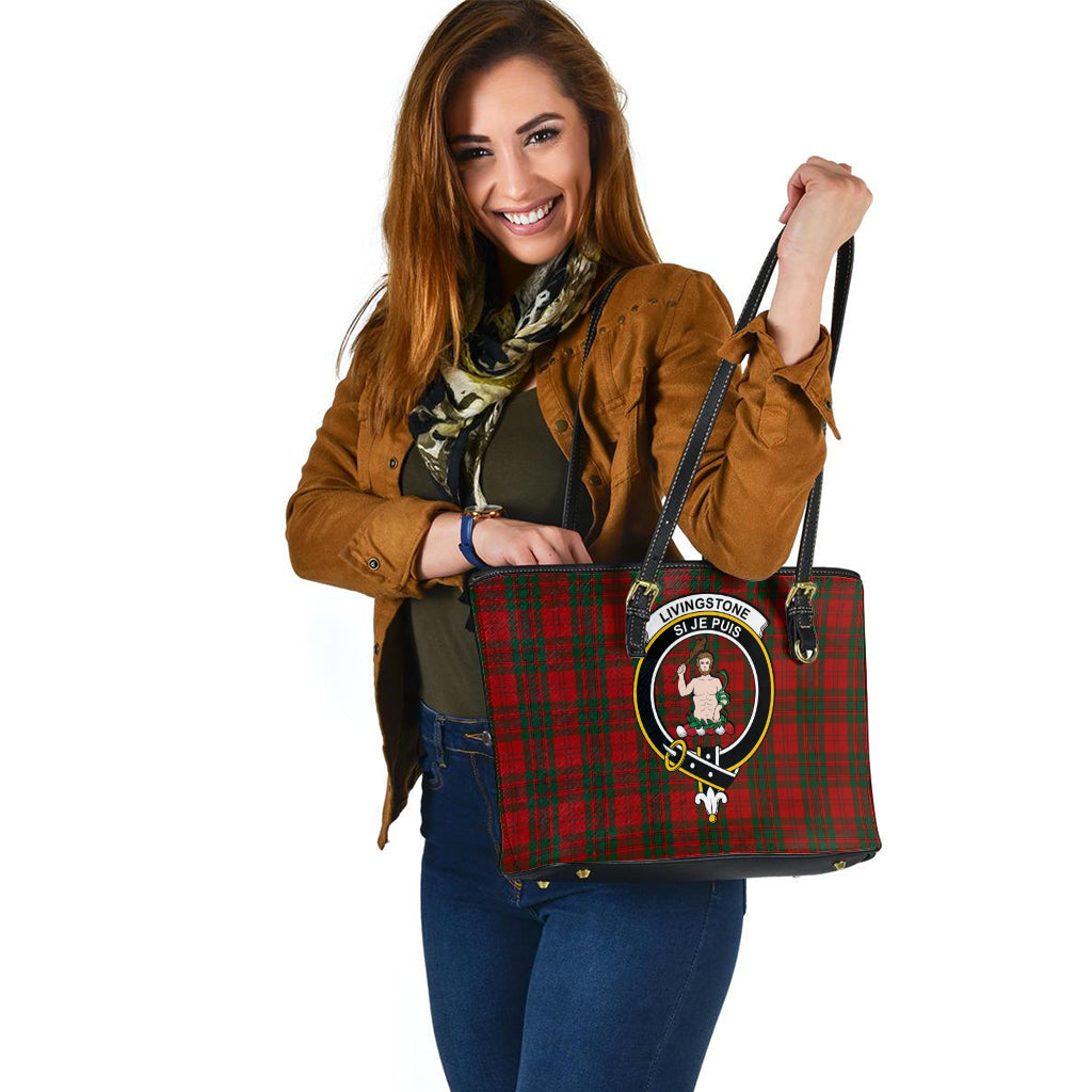 Livingstone Tartan Leather Tote Bag with Family Crest - Tartan Vibes Clothing