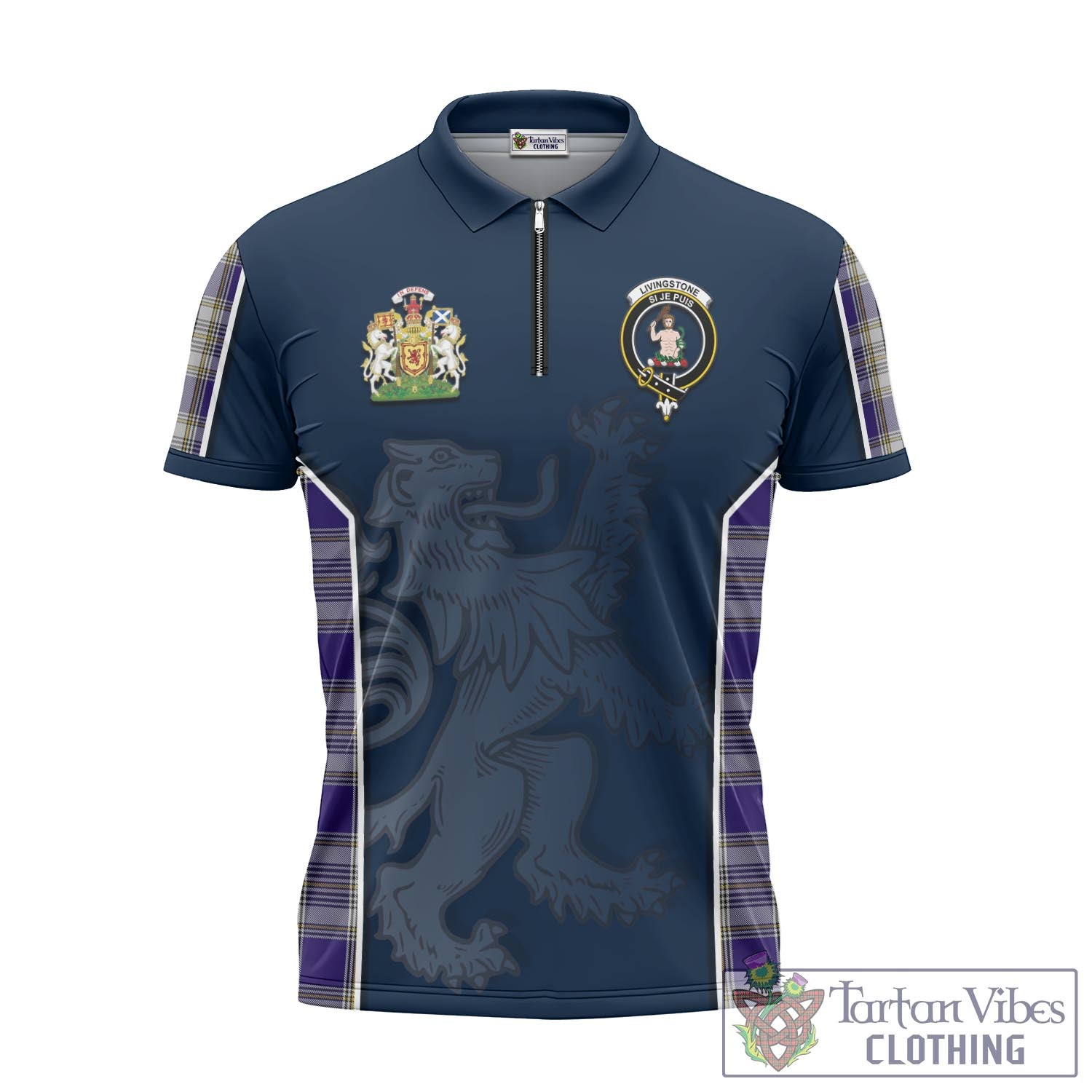 Tartan Vibes Clothing Livingston Dress Tartan Zipper Polo Shirt with Family Crest and Lion Rampant Vibes Sport Style