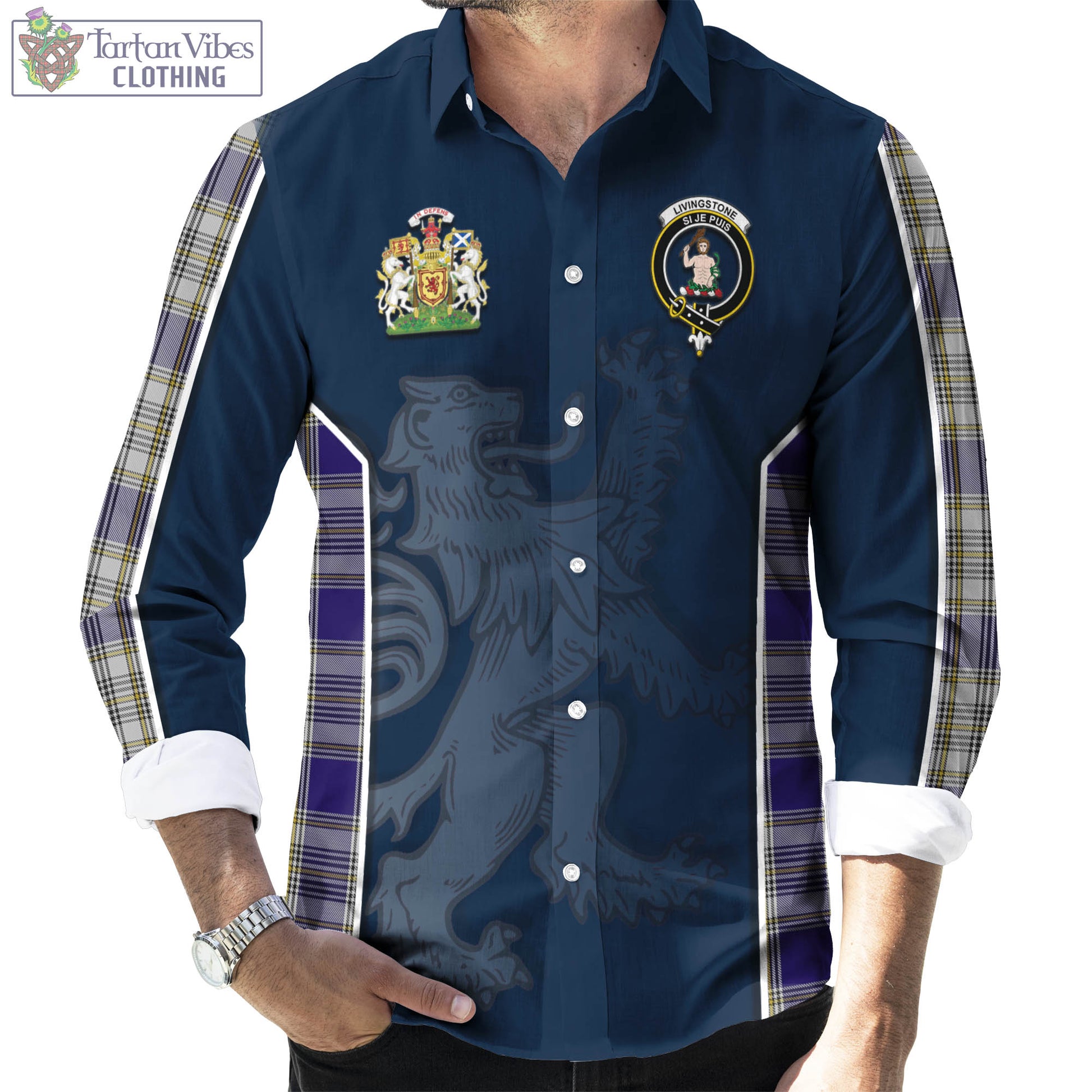 Tartan Vibes Clothing Livingston Dress Tartan Long Sleeve Button Up Shirt with Family Crest and Lion Rampant Vibes Sport Style