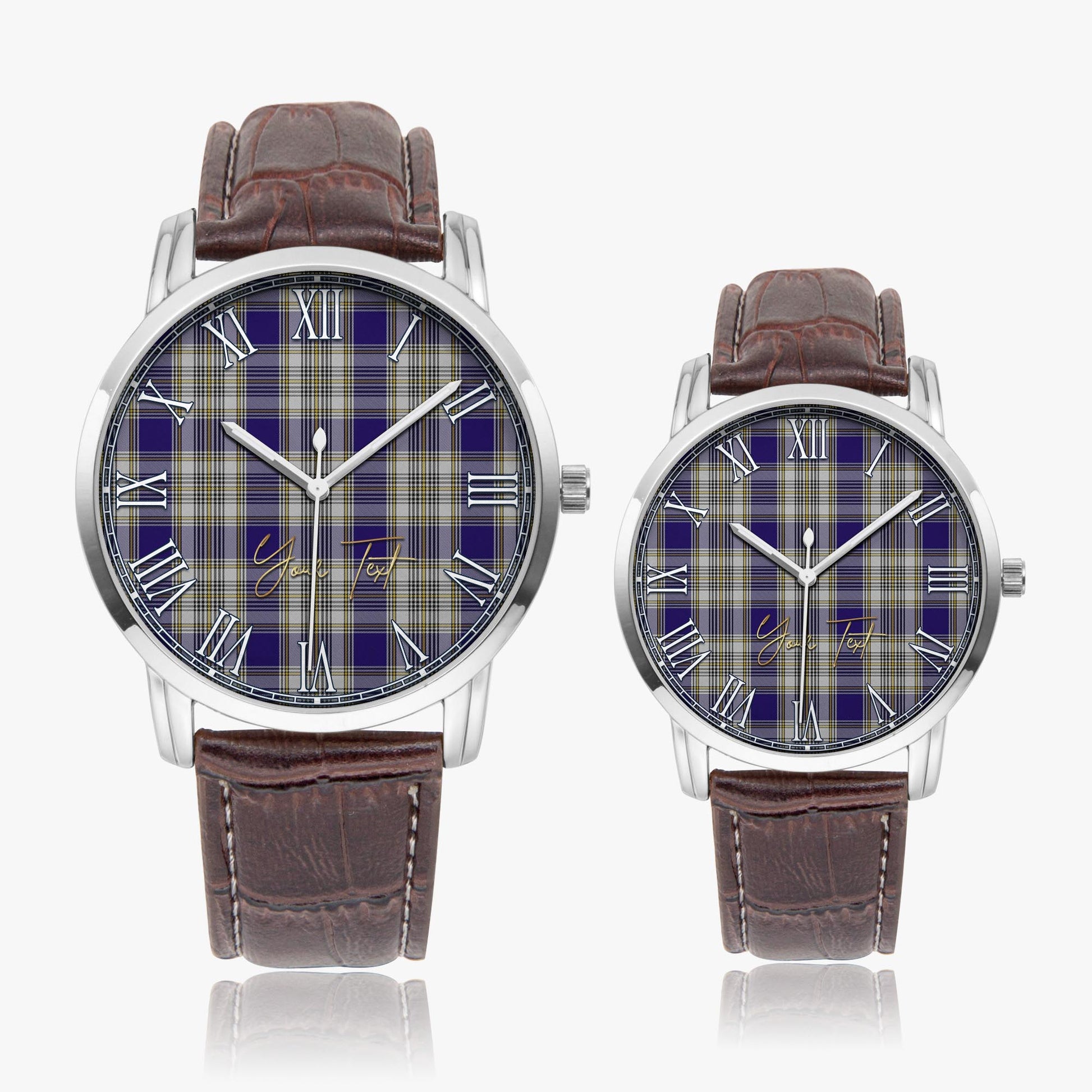 Livingston Dress Tartan Personalized Your Text Leather Trap Quartz Watch Wide Type Silver Case With Brown Leather Strap - Tartanvibesclothing
