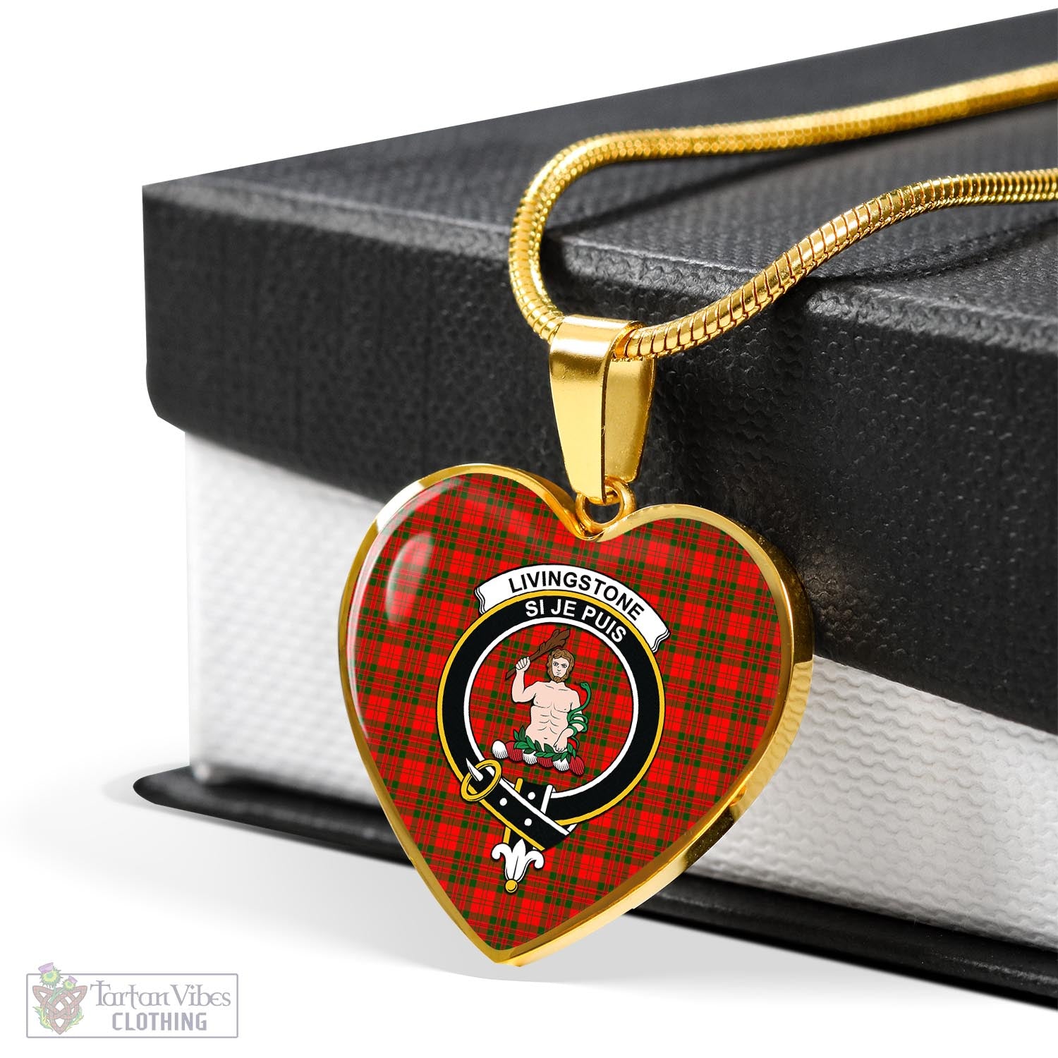 Tartan Vibes Clothing Livingston Modern Tartan Heart Necklace with Family Crest