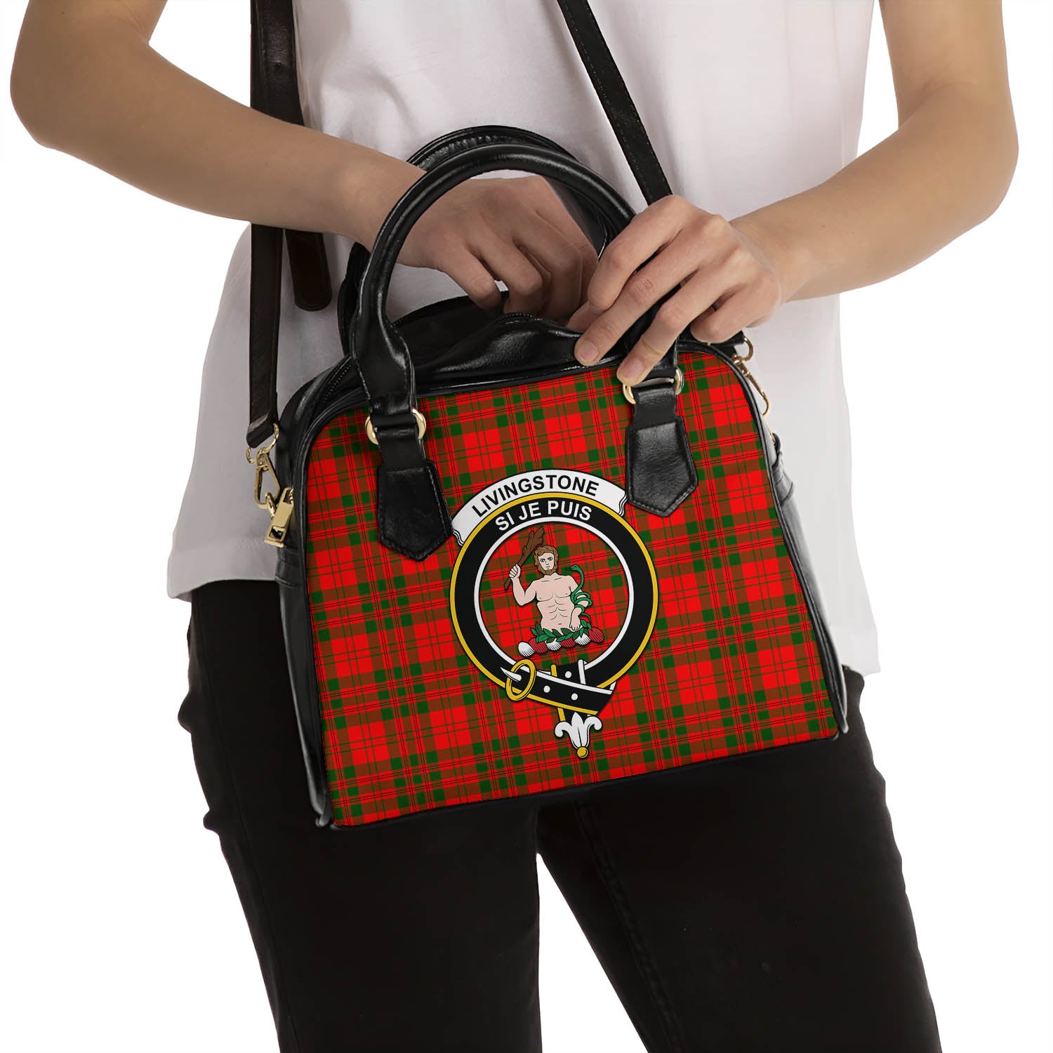 Livingston Modern Tartan Shoulder Handbags with Family Crest - Tartanvibesclothing