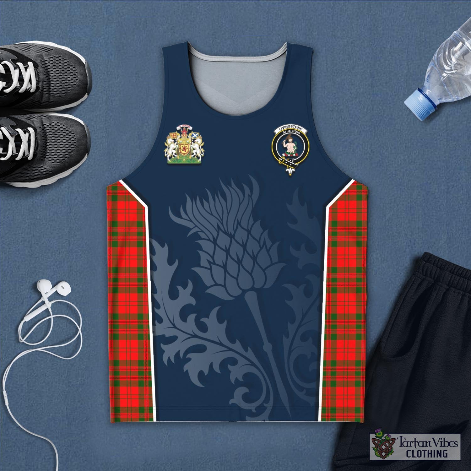 Tartan Vibes Clothing Livingston Modern Tartan Men's Tanks Top with Family Crest and Scottish Thistle Vibes Sport Style