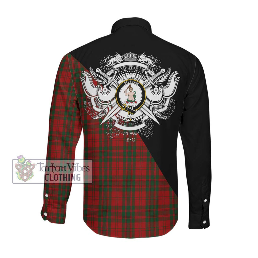 Livingstone Tartan Long Sleeve Button Shirt with Family Crest and Military Logo Style Men's Shirt - Tartanvibesclothing Shop