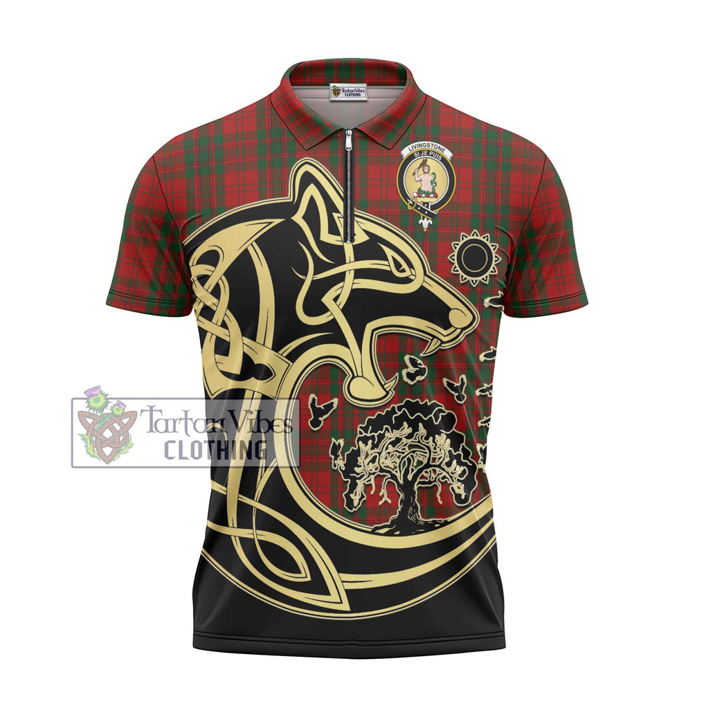 Livingstone Tartan Zipper Polo Shirt with Family Crest Celtic Wolf Style - Tartan Vibes Clothing
