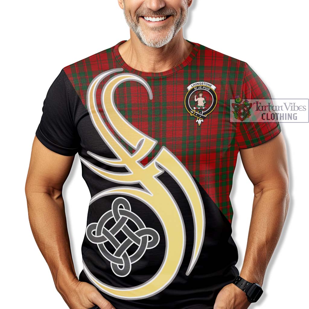 Livingstone Tartan T-Shirt with Family Crest and Celtic Symbol Style - Tartan Vibes Clothing