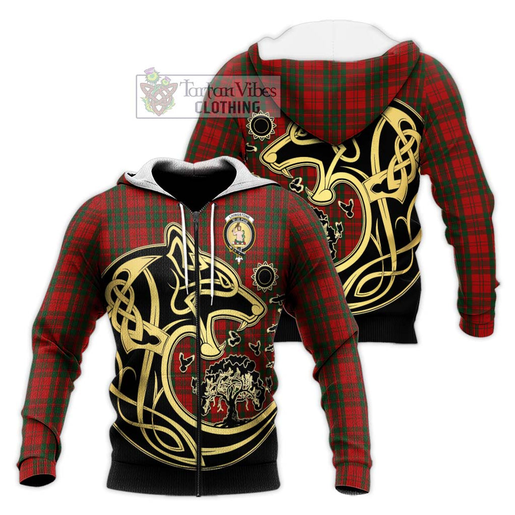 Livingstone Tartan Knitted Hoodie with Family Crest Celtic Wolf Style Unisex Knitted Zip Hoodie - Tartan Vibes Clothing