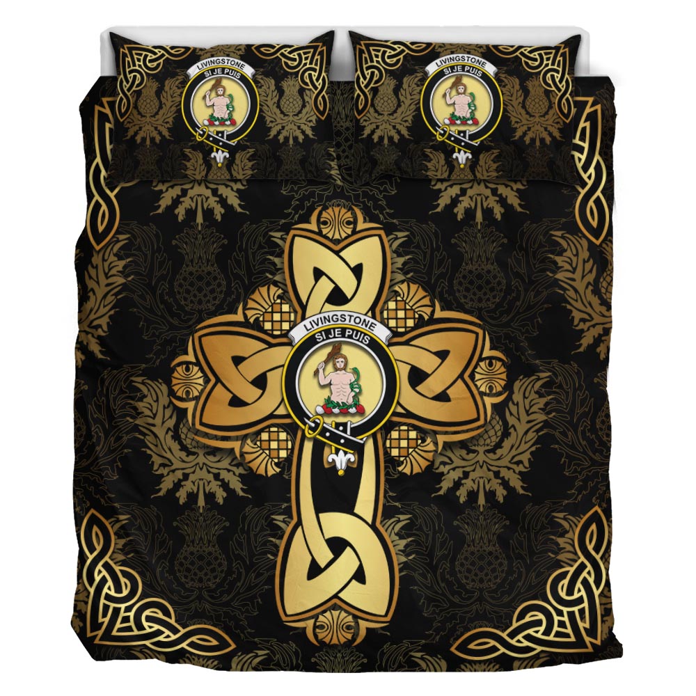 Livingstone Clan Bedding Sets Gold Thistle Celtic Style - Tartanvibesclothing