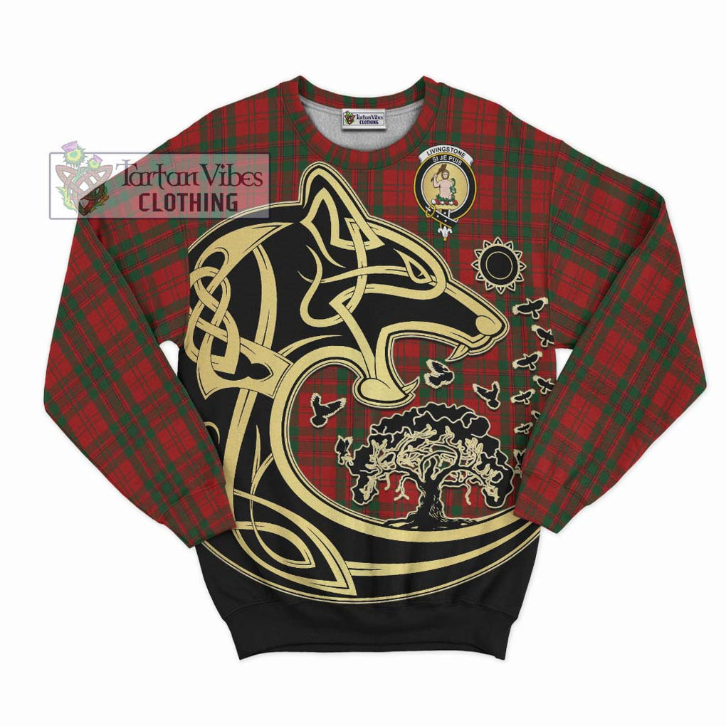 Livingstone Tartan Sweatshirt with Family Crest Celtic Wolf Style - Tartan Vibes Clothing