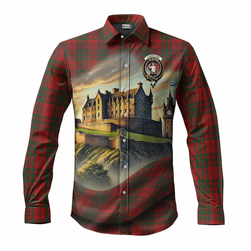 Tartan Vibes Clothing Livingstone (Livingston) Tartan Family Crest Long Sleeve Button Shirt with Scottish Ancient Castle Style