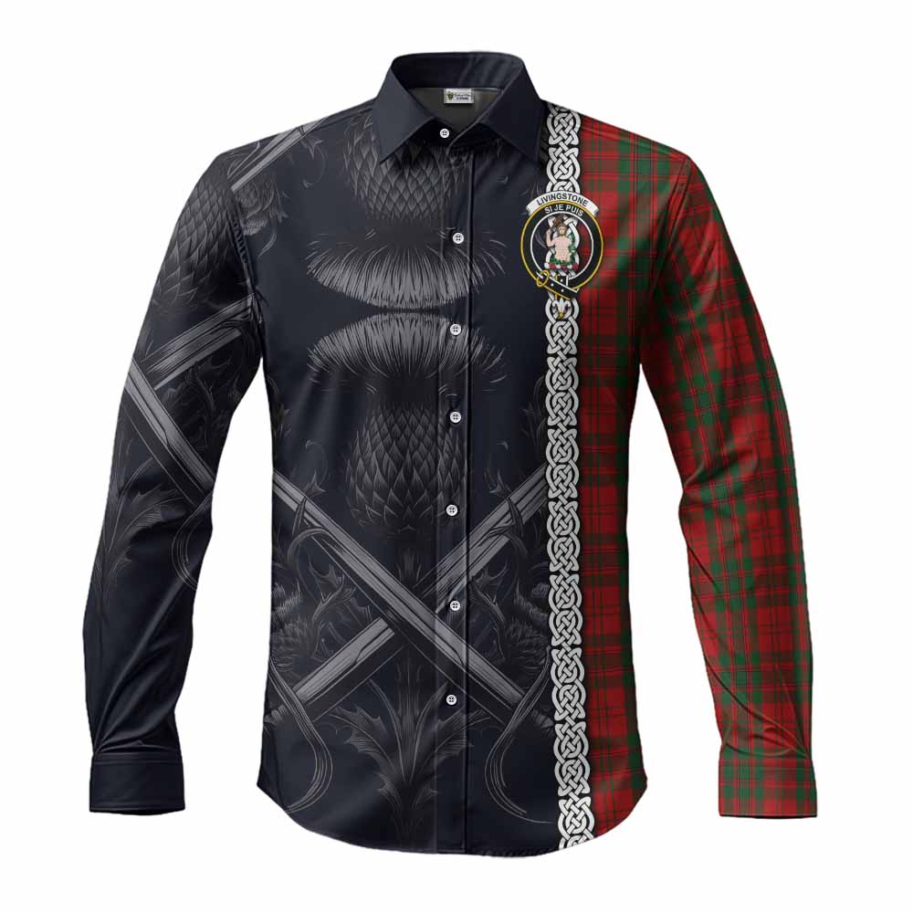 Tartan Vibes Clothing Livingstone (Livingston) Tartan Long Sleeve Button Shirt with Family Crest Cross Sword Thistle Celtic Vibes