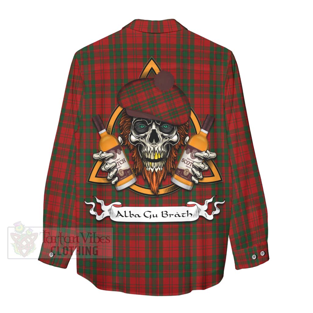 Tartan Vibes Clothing Livingstone (Livingston) Tartan Women's Casual Shirt with Family Crest and Bearded Skull Holding Bottles of Whiskey