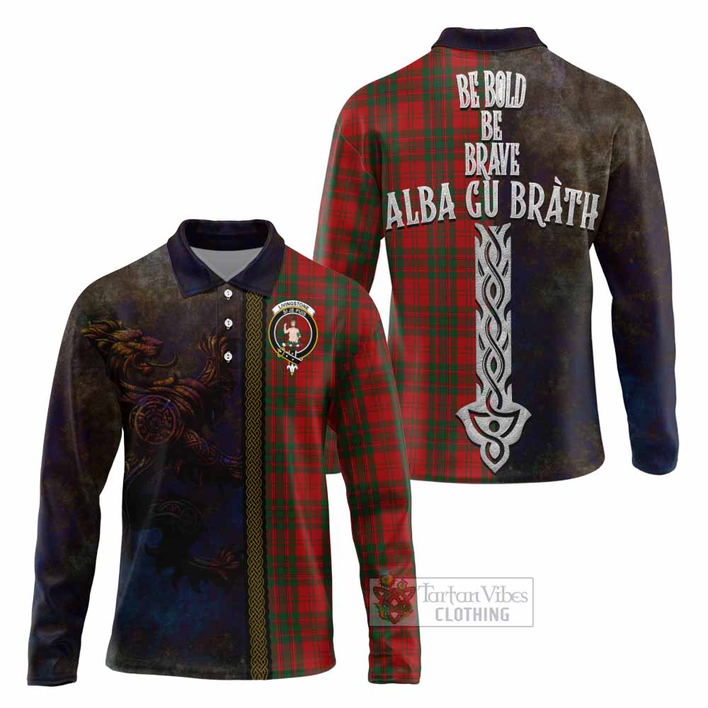 Tartan Vibes Clothing Livingstone (Livingston) Tartan Family Crest Long Sleeve Polo Shirt Alba Gu Brath Be Brave Lion Ancient Style