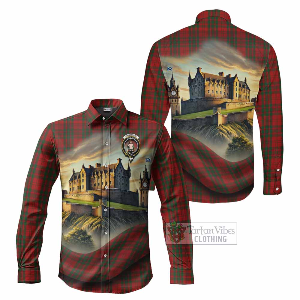 Tartan Vibes Clothing Livingstone (Livingston) Tartan Family Crest Long Sleeve Button Shirt with Scottish Ancient Castle Style