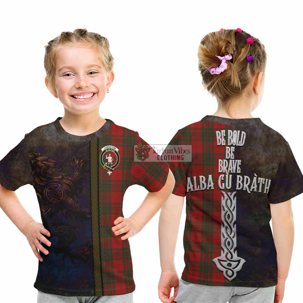 Tartan Vibes Clothing Livingstone (Livingston) Tartan Family Crest Kid T-Shirt Alba Gu Brath Be Brave Lion Ancient Style