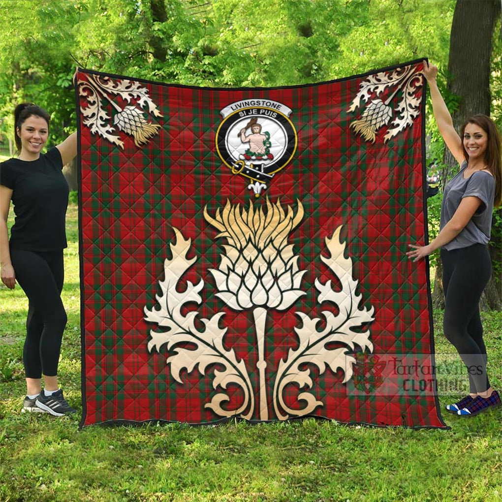 Tartan Vibes Clothing Livingstone (Livingston) Tartan Quilt with Family Crest and Golden Thistle Style