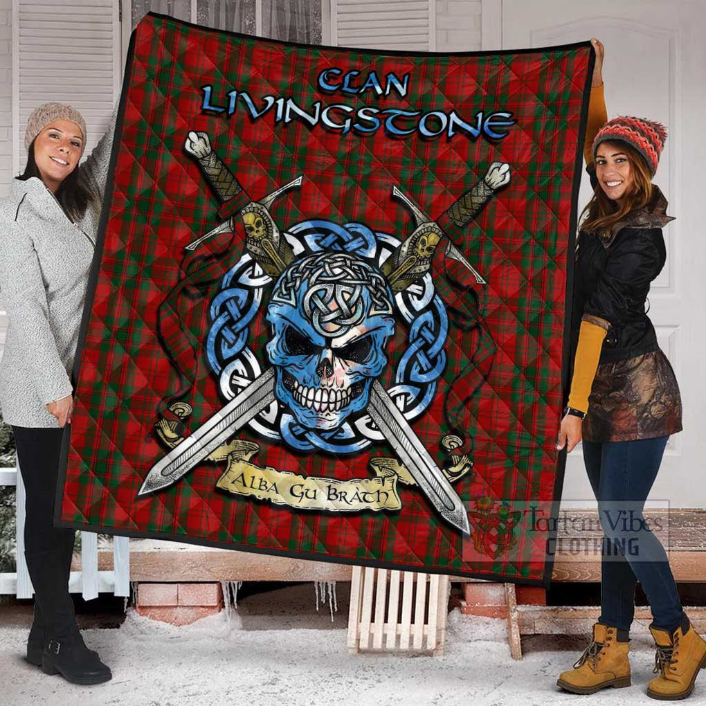 Livingstone (Livingston) Tartan Quilt with Celtic Skull Alba Gu Brath Style - Tartan Vibes Clothing