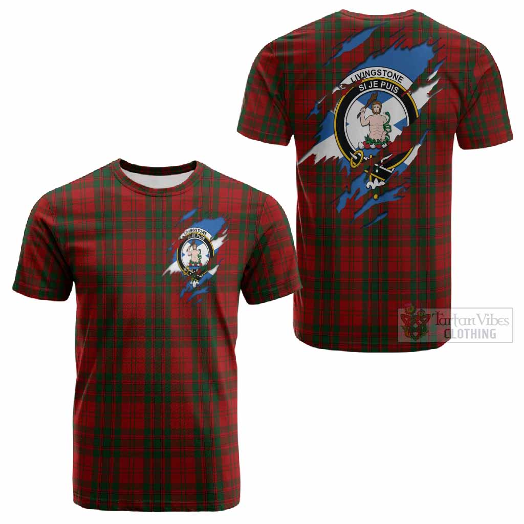 Livingstone (Livingston) Clan Crest In Me Tartan Cotton T-shirt Scotland Flag Style