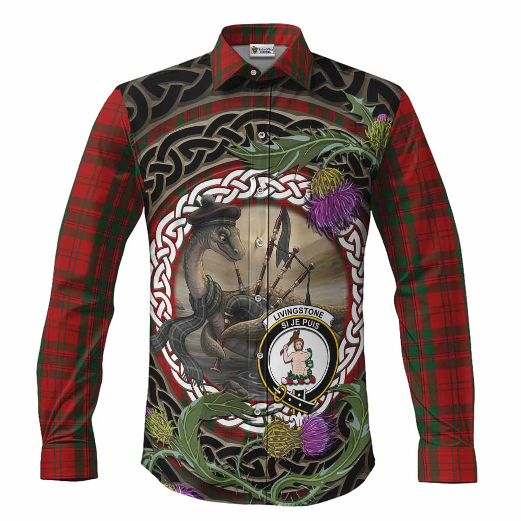 Livingstone (Livingston) Tartan Crest Bagpipe Nessie Long Sleeve Button Shirts Scottish Loch Ness Monster Celtic Thistle