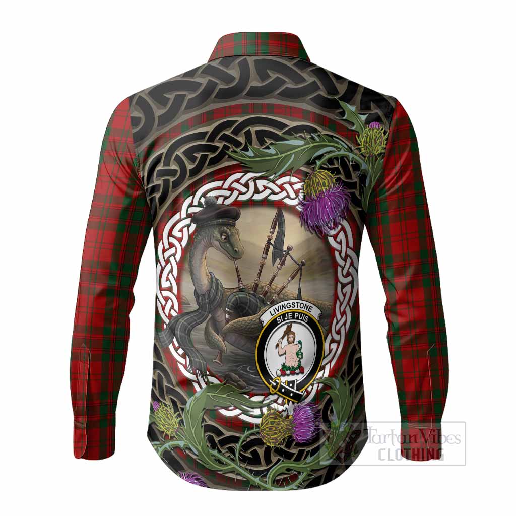 Livingstone (Livingston) Tartan Crest Bagpipe Nessie Long Sleeve Button Shirts Scottish Loch Ness Monster Celtic Thistle
