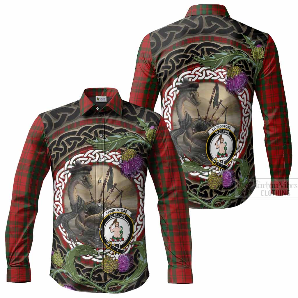 Livingstone (Livingston) Tartan Crest Bagpipe Nessie Long Sleeve Button Shirts Scottish Loch Ness Monster Celtic Thistle