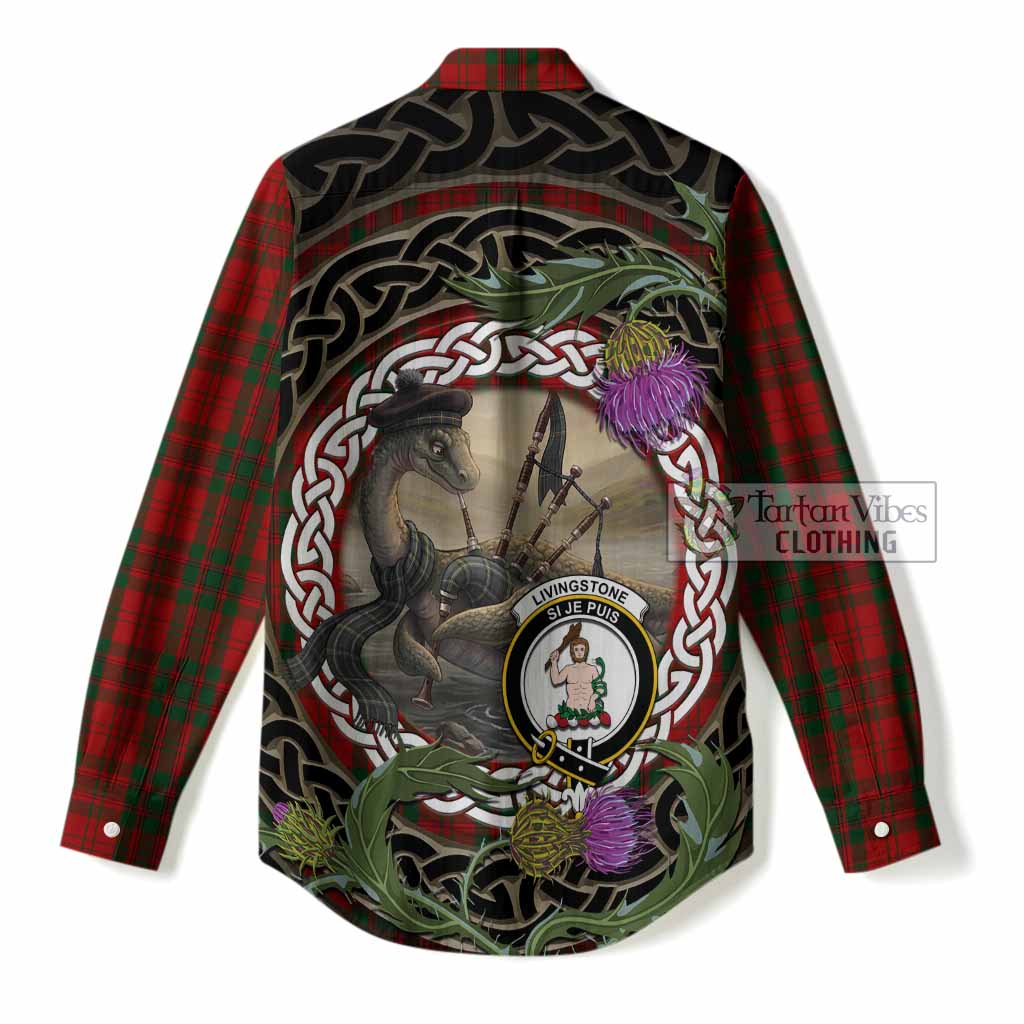 Livingstone (Livingston) Tartan Crest Bagpipe Nessie Women Casual Shirt Scottish Loch Ness Monster Celtic Thistle