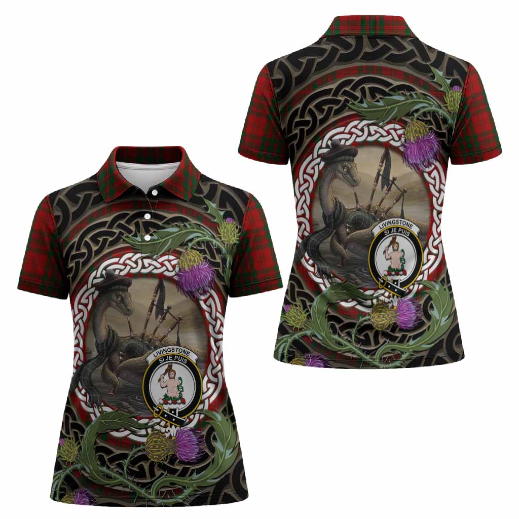 Livingstone (Livingston) Tartan Crest Bagpipe Nessie Women Polo Shirt Scottish Loch Ness Monster Celtic Thistle