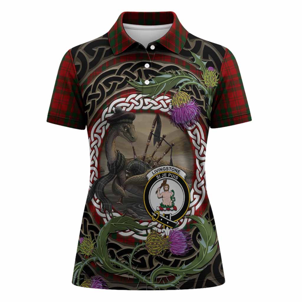 Livingstone (Livingston) Tartan Crest Bagpipe Nessie Women Polo Shirt Scottish Loch Ness Monster Celtic Thistle