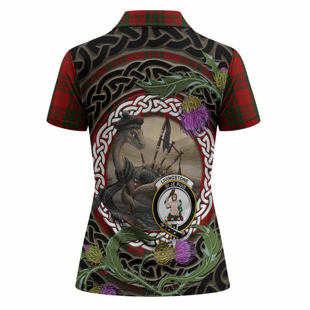 Livingstone (Livingston) Tartan Crest Bagpipe Nessie Women Polo Shirt Scottish Loch Ness Monster Celtic Thistle
