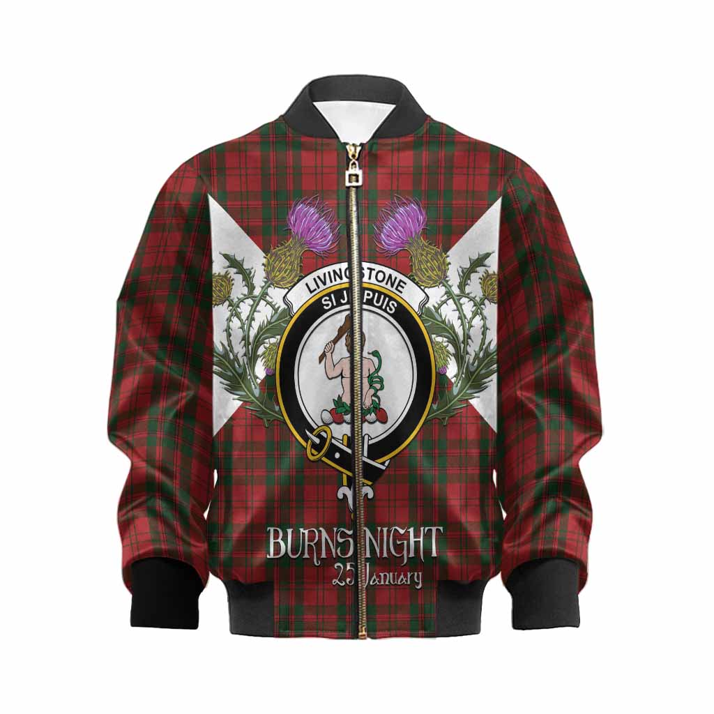 Livingstone (Livingston) Tartan Family Crest Kid Bomber Jacket Scottish Burns Night Thistle Floral