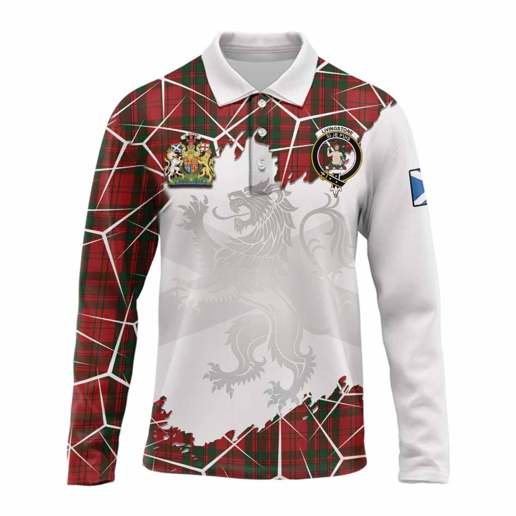 Livingstone (Livingston) Tartan Long Sleeve Polo Shirt with Family Crest and Lion Rampant Grunge Style
