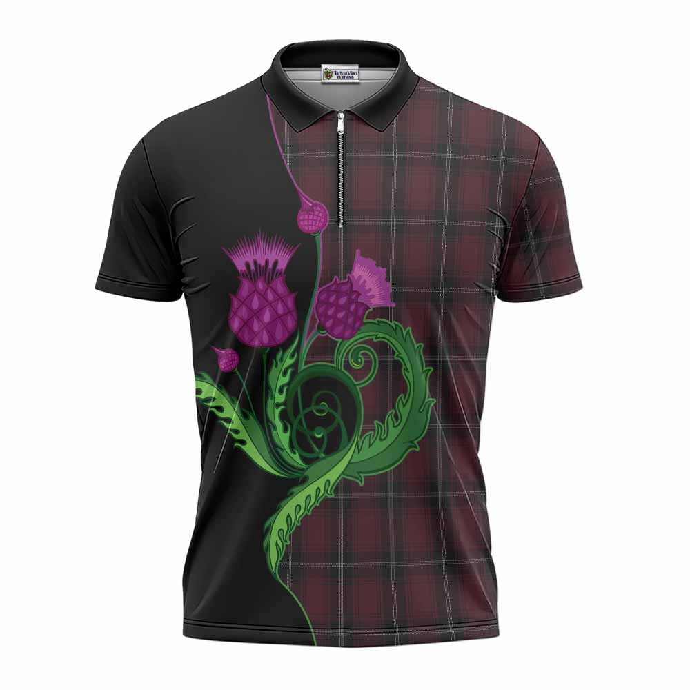 Llewellen of Wales Tartan Zipper Polo Shirt Traditional Scottish Thistle