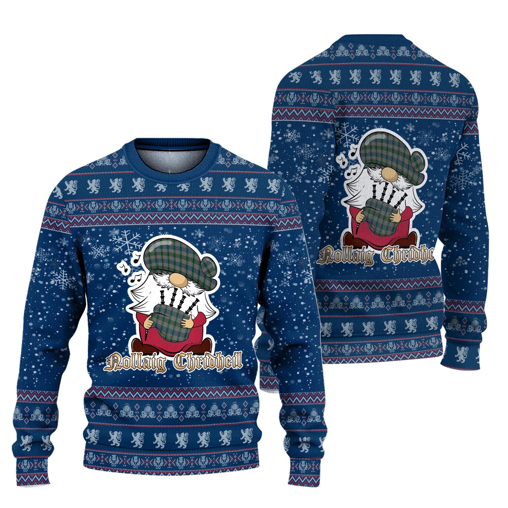 Lloyd of Wales Clan Christmas Family Knitted Sweater with Funny Gnome Playing Bagpipes Unisex Blue - Tartanvibesclothing