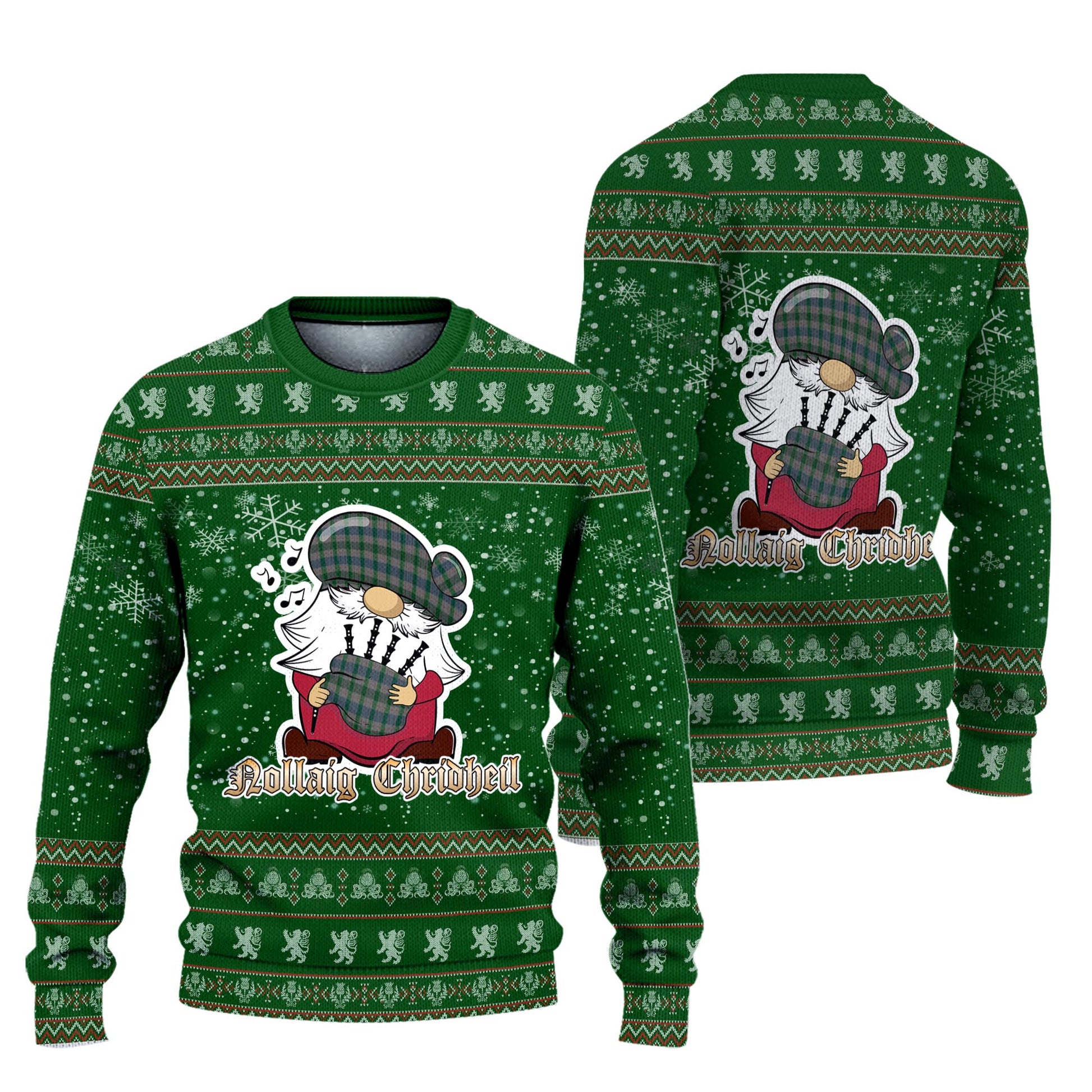 Lloyd of Wales Clan Christmas Family Knitted Sweater with Funny Gnome Playing Bagpipes Unisex Green - Tartanvibesclothing