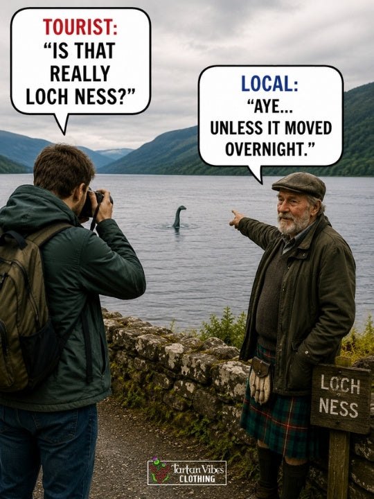 Loch Ness visitor photographing Nessie during a lighthearted Scottish joke
