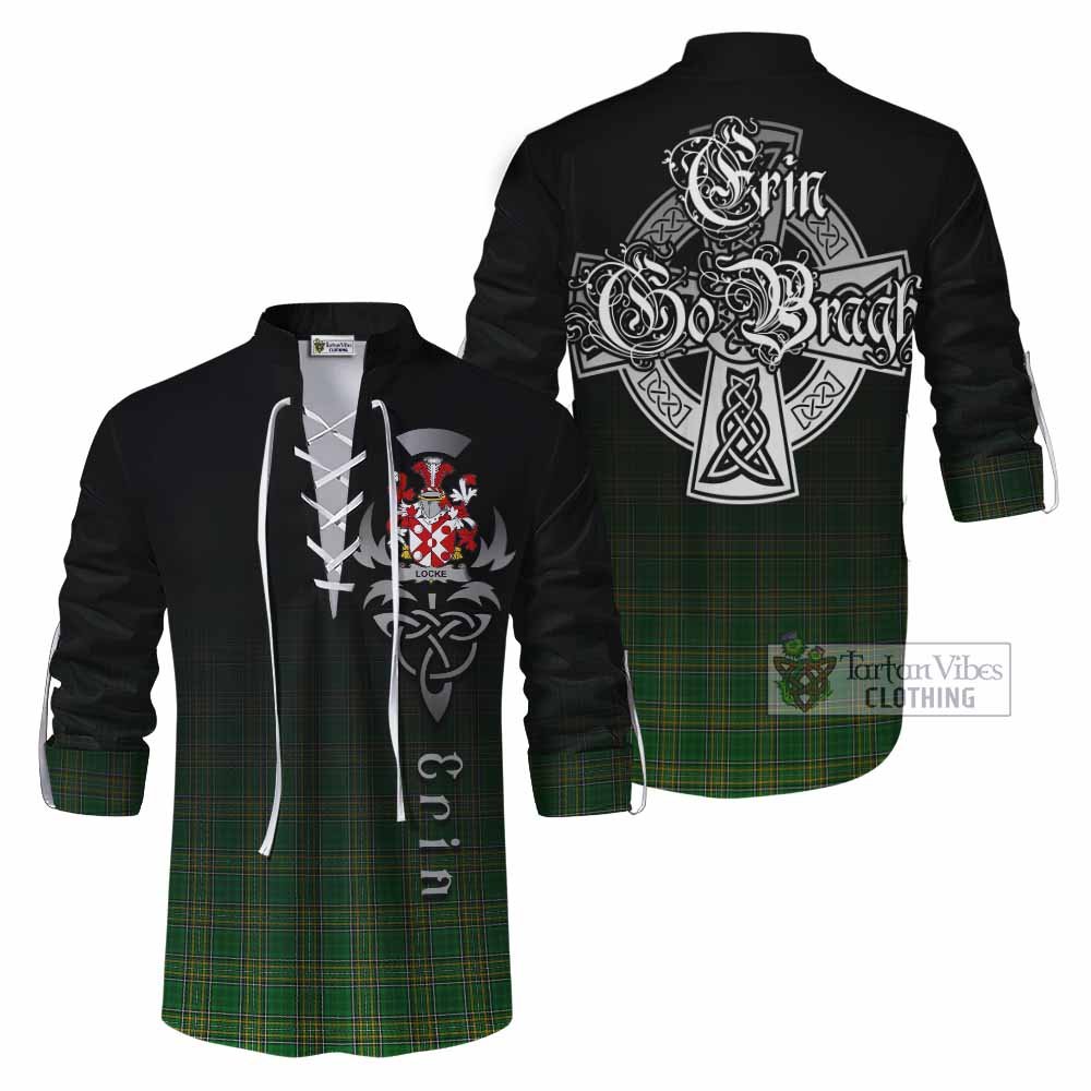 Tartan Vibes Clothing Locke Irish Clan Ghillie Kilt Shirt with Coat of Arms Erin Go Bragh Celtic Inspired