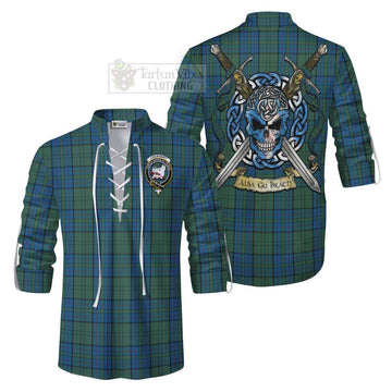 Lockhart Tartan Ghillie Kilt Shirt with Family Crest Celtic Skull Style Men - Tartan Vibes Clothing