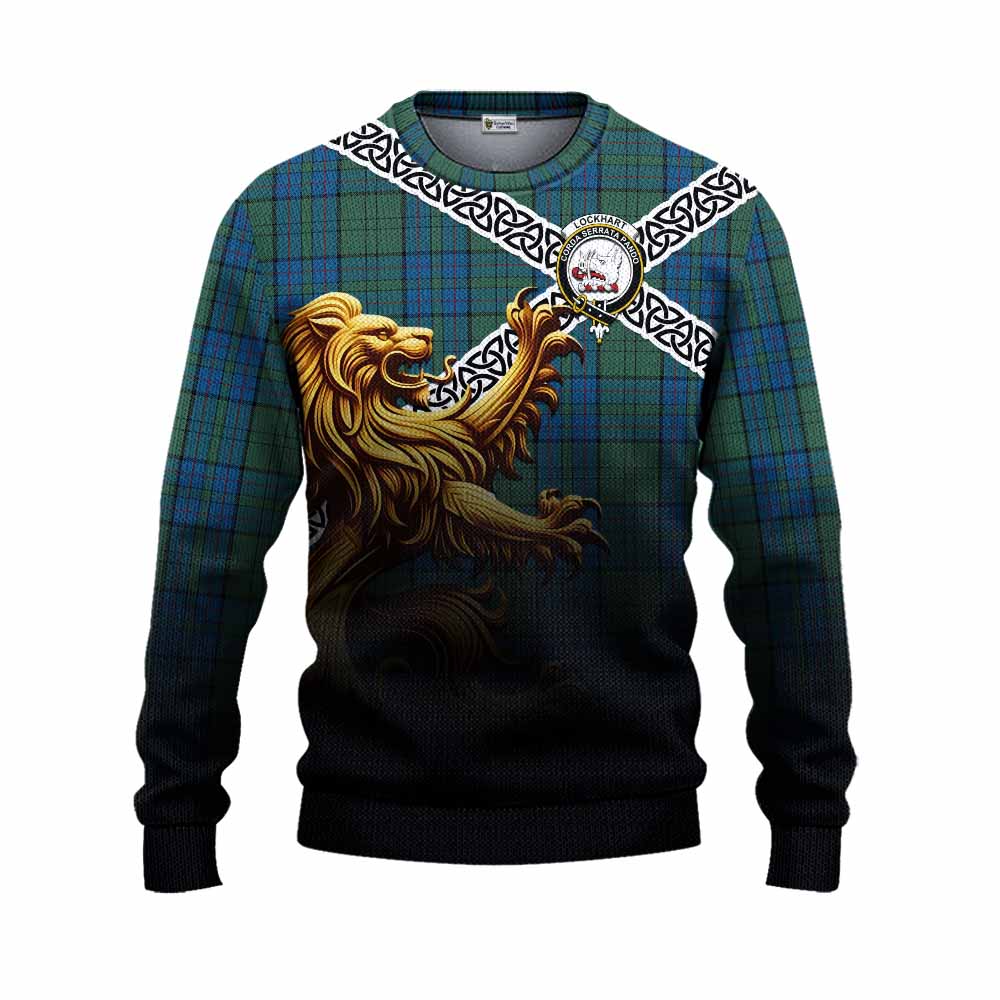 Lockhart Crest Tartan Knitted Sweater with Golden Lion Emblem Celtic Style Unisex - Tartan Vibes Clothing