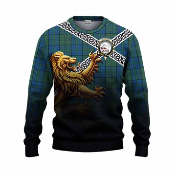 Lockhart Crest Tartan Knitted Sweater with Golden Lion Emblem Celtic Style Unisex - Tartan Vibes Clothing