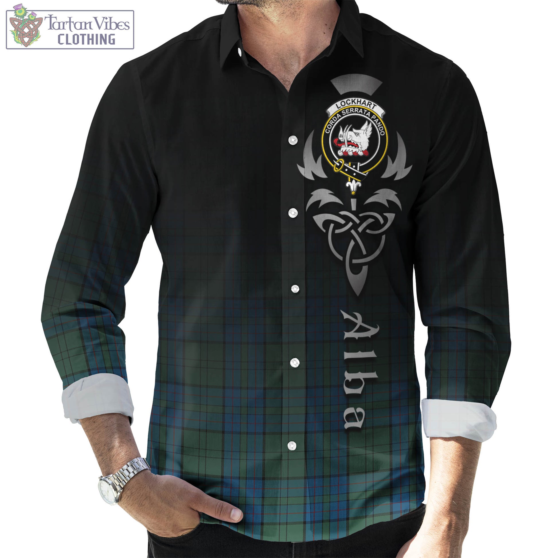 Lockhart Tartan Long Sleeve Button Up Featuring Alba Gu Brath Family Crest Celtic Inspired Men's Shirt - Tartan Vibes Clothing