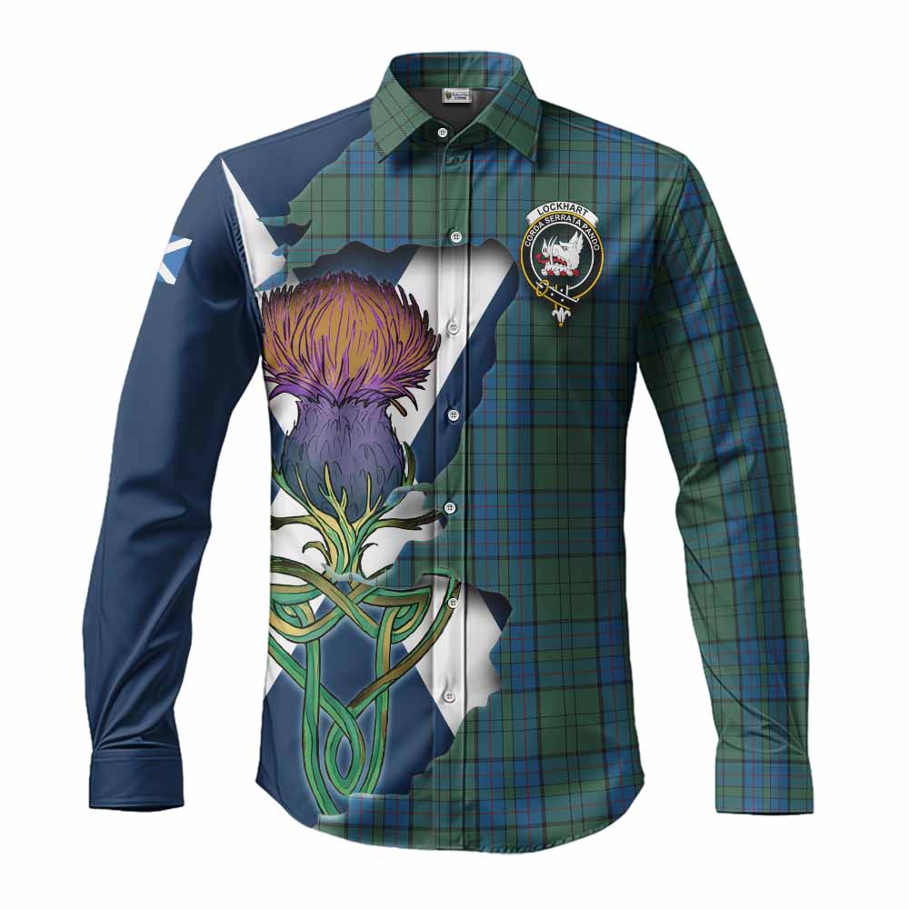 Lockhart Tartan Family Crest Long Sleeve Button Shirt Scottish Thistle Celtic Inspired Men's Shirt S - Tartan Vibes Clothing