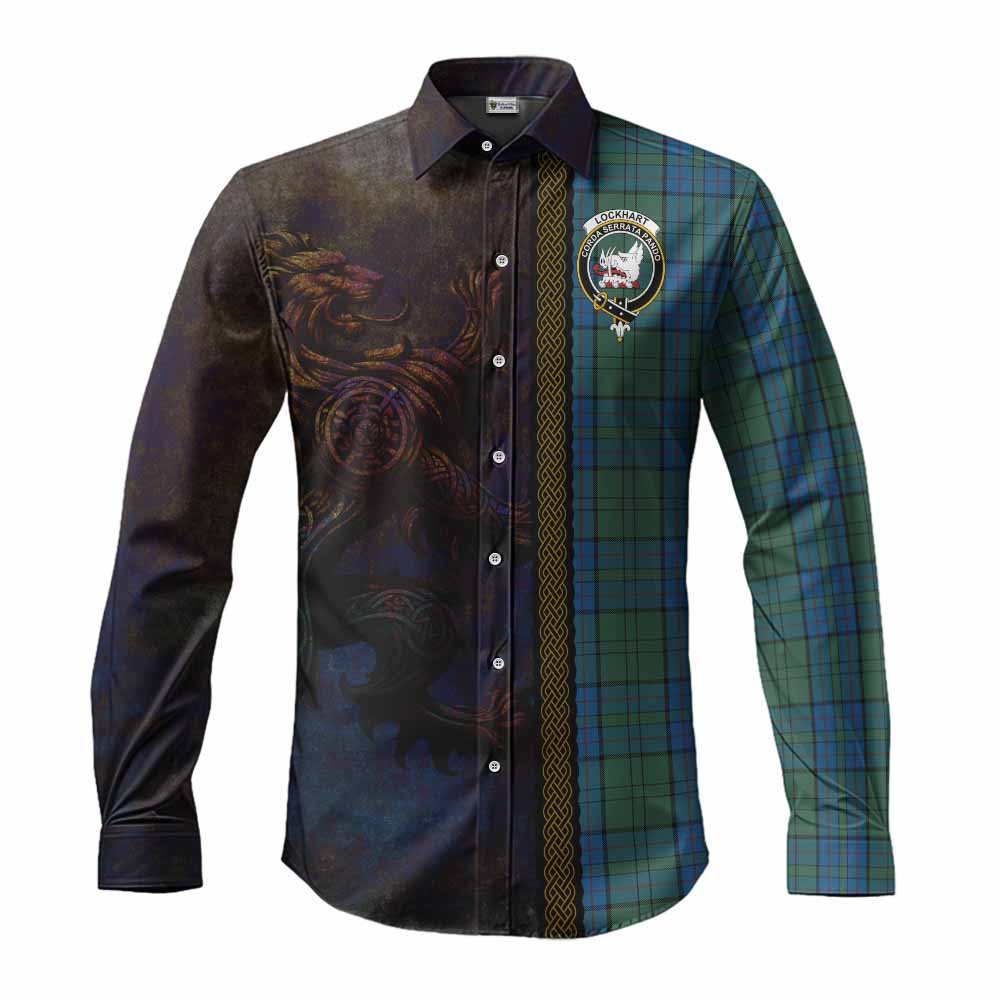 Lockhart Tartan Family Crest Long Sleeve Button Shirt Alba Gu Brath Be Brave Lion Ancient Style Men's Shirt S - Tartan Vibes Clothing