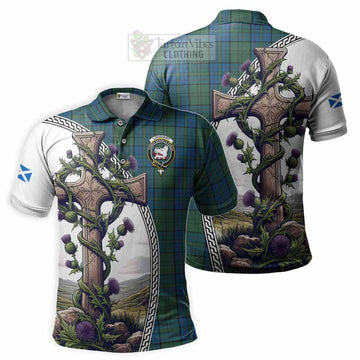 Lockhart Tartan Polo Shirt with Family Crest and St. Andrew's Cross Accented by Thistle Vines Kid - Tartan Vibes Clothing