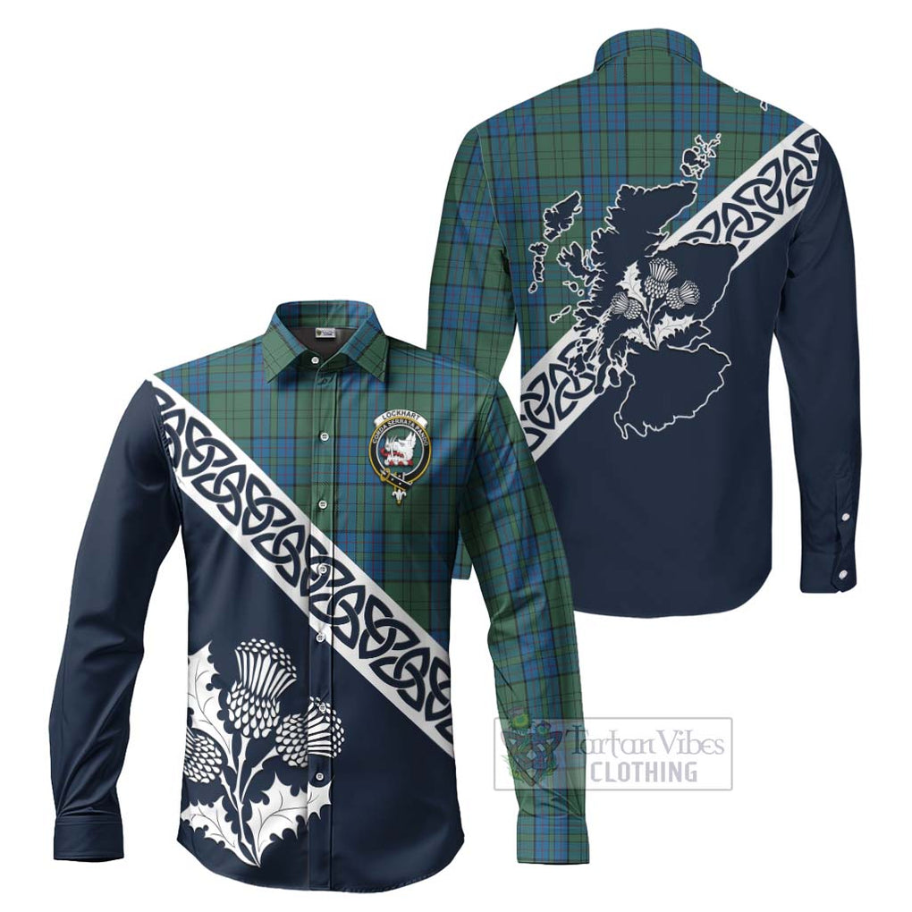 Lockhart Tartan Long Sleeve Button Shirt Featuring Thistle and Scotland Map Men's Shirt S - Tartan Vibes Clothing