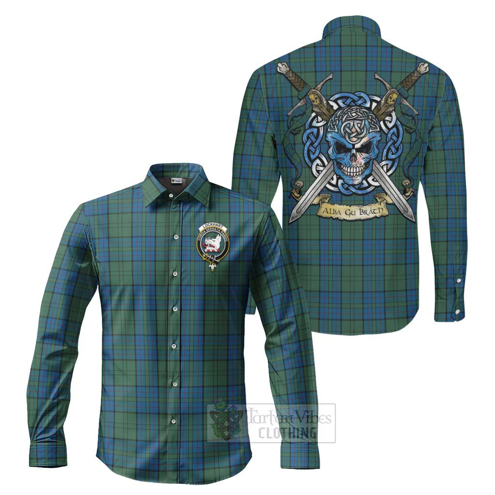 Lockhart Tartan Long Sleeve Button Shirt with Family Crest Celtic Skull Style Men's Shirt S - Tartan Vibes Clothing