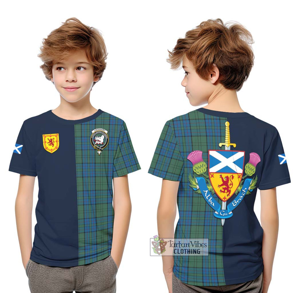 Lockhart Tartan Kid T-Shirt Alba with Scottish Lion Royal Arm Half Style Youth XL Size14 - Tartan Vibes Clothing