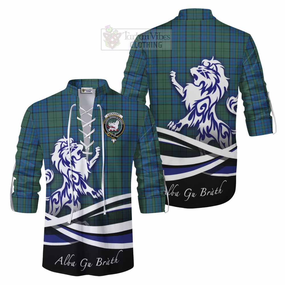 Lockhart Tartan Ghillie Kilt Shirt with Alba Gu Brath Regal Lion Emblem Men - Tartan Vibes Clothing