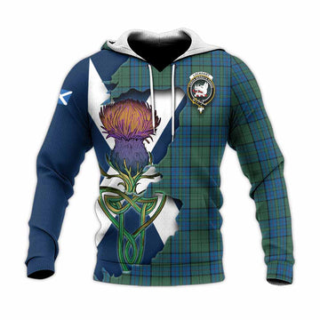 Tartan Vibes Clothing Lockhart Tartan Family Crest Knitted Hoodie Scottish Thistle Celtic Inspired