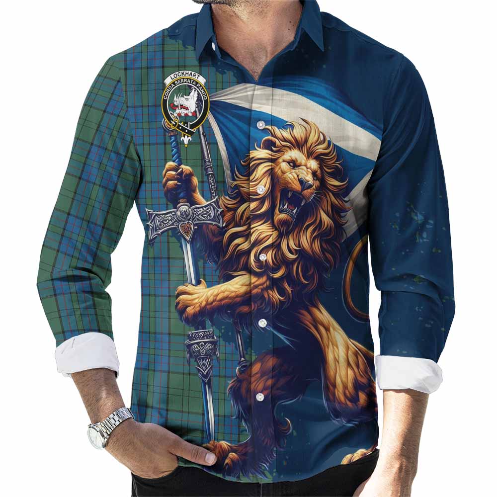 Lockhart Tartan Family Crest Long Sleeve Button Shirt with Scottish Majestic Lion Men's Shirt S - Tartan Vibes Clothing